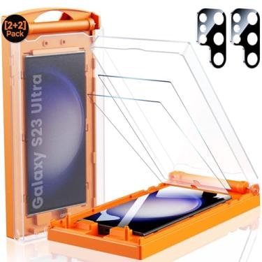 Imagem de MRGLAS 2 + 2 pacotes para Samsung Galaxy S23 Ultra protetor de tela de 6,8 polegadas com protetor de lente de câmera [cabine de alinhamento automático/remoção de poeira] Material híbrido 7H HD, 100%