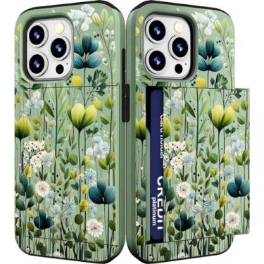 Imagem de IWONE Capa compatível com iPhone 15 Promax fofa com porta-cartões à prova de choque Slim Slot Phone 15 Pro Max Capa carteira para mulheres/folhas verdes botânicas plantas tropicais