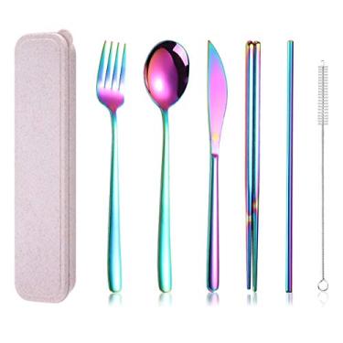 Imagem de AARAINBOW Conjunto de 1 talheres de aço inoxidável 18/8, portátil, reutilizável, incluindo hashis, faca, garfo, canudos, escova de limpeza lavável na lava-louças (multicolorido)