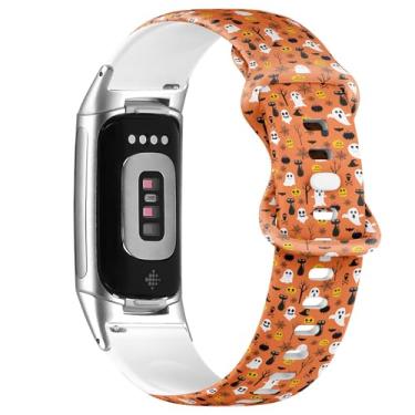 Imagem de Pulseira de silicone macio compatível com Fitbit Charge 5/Fitbit Charge 6 (Halloween Ghost 2) para mulheres e homens