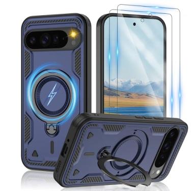 Imagem de Gritup Capa para Google Pixel 9 Pro XL: compatível com MagSafe e [2 películas HD], suporte giratório de metal, proteção antiimpressões digitais à prova de quedas de grau militar Pixel 9 Pro XL, azul