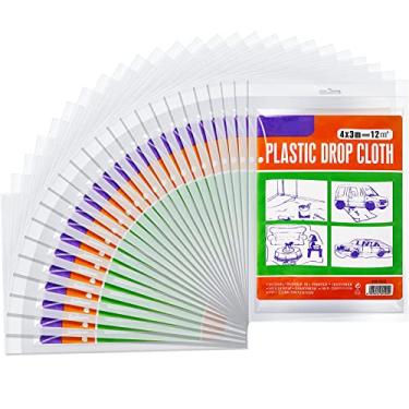 Imagem de Oudain Folha de 25 peças de panos de plástico para pintores 3 x 4 m Cobertura de plástico descartável antipoeira Lona de plástico transparente à prova d'água para pintura de parede de chão