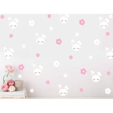 Imagem de Adesivo De Parede Coelhinho flores rosa e branco decoração quarto sala