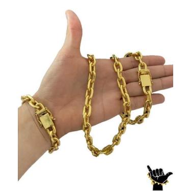 Imagem de Corrente Cadeado 14mm + Pulseira - Banhado a Ouro - ToJoia18k