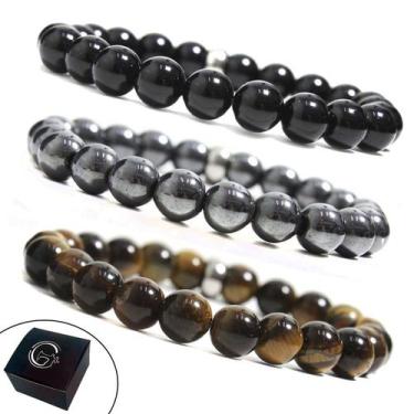 Imagem de Kit 3 Pulseiras Unissex Pedra Natural Ônix Hematita Olho De Tigre - GR