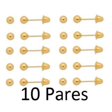 Imagem de Kit 10 Par De Brinco Bola 3mm Infantil De 2 Furo Ouro 18k - AEA Caribe