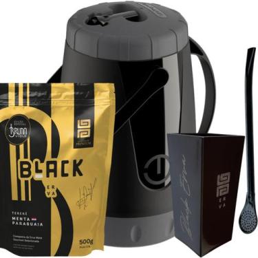 Imagem de Kit Para Tereré Garrafa Lisa Black Erva Mate 500g Copo Cuia Quadrado A