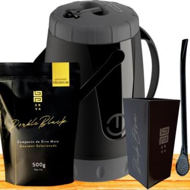 Imagem de Kit Para Tereré Garrafa Lisa Black Erva Mate 500g Copo Cuia Quadrado A
