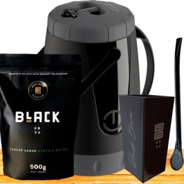 Imagem de Kit Para Tereré Garrafa Lisa Black Erva Mate 500g Copo Cuia Quadrado A