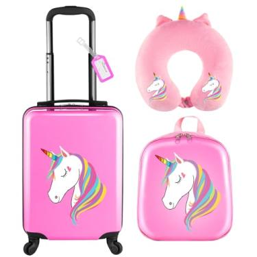 Imagem de Sanwuta Conjunto de 4 peças de bagagem infantil, mochila, mala com rodinhas em forma de U, presente de Natal para meninas e meninos, rosa, 17 Inch, Estilo unicórnio