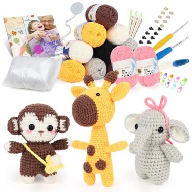 Imagem de Aeelike Kit de crochê para iniciantes, 4 kits de bichos de pelúcia para adultos, kit de crochê para iniciantes com 2 instruções passo a passo, kit para iniciantes de crochê de animais fofos (elefante,
