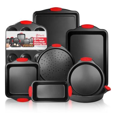 Imagem de Conjunto de Assadeiras de Assar 8 Peças Antiaderentes - Conjunto de Assadeiras de Aço Carbono de Alta Qualidade com Alças de Silicone Vermelhas, Assadeiras de Muffin Assadeira de Pão Conjunto de Assar Bandeja de Forno, Assadeiras Seguras para Calor de Até 232 °C