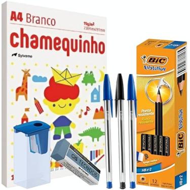 Imagem de Folha A4 Papel Sulfite 100 Folhas Caneta BIC Lápis nº 2 Borracha e Apontador Meterial Escolar Completo