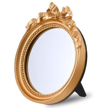 Imagem de Espelho de parede pequeno 10 cm dourado vintage espelho de mesa de maquiagem espelho de mesa arredondado tradicional espelho antigo com moldura de resina espelho decorativo para quarto, banheiro, mesa