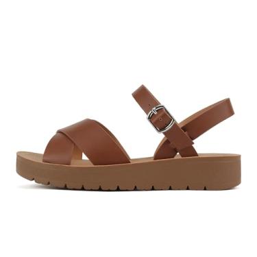 Imagem de Soda CHESTER ~ Sandálias femininas planas com fivela no tornozelo e tiras cruzadas, Conhaque PU, 34