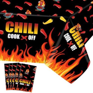 Imagem de YEXEXINM Pacote com 5 toalhas de mesa de plástico Chili Cook Off, capas de mesa para chili hot pote, toalha de mesa Red Hot Chili Peppers, decorações para chili cook off para competição de pimenta,