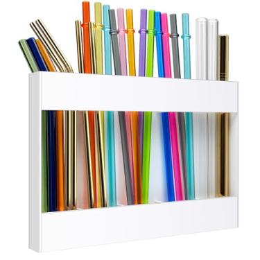 Imagem de Oseyemo Suporte de canudo acrílico, recipiente de armazenamento de canudo reutilizável, dispensadores altos de canudo com fita adesiva dupla face, organizador de canudos para armário de cozinha