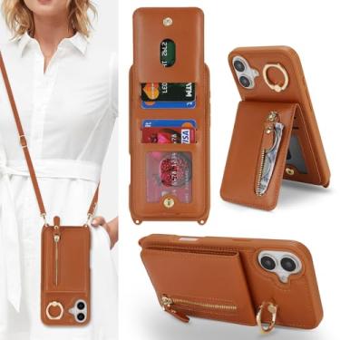 Imagem de DEYHU Capa de telefone para iPhone 16 Pro Max com suporte para cartão e alça para mulheres, bolsa transversal com suporte de anel, capa carteira com zíper para bolsa Apple16ProMax - marrom