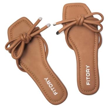 Imagem de FITORY Sandália feminina rasteira quadrada aberta com nó fofo para o verão tamanho 6-11, Todo marrom, 40