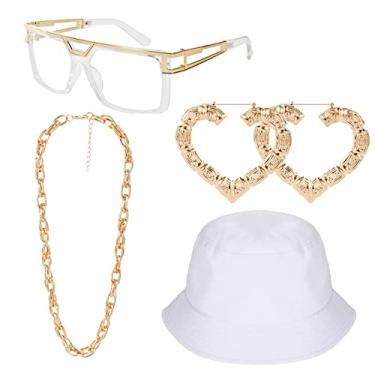 Imagem de PHOGARY 80s / 90s Hip Hop Costume Kit, Rapper DJ Outfits Punk Gold Chain Bucket Hat Vintage Glasses Bamboo Hoop Earrings for Women/Men (Style B White)