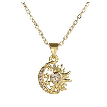 Imagem de Colar delicado com pingente de sol, lua e estrela, banhado a ouro 14 quilates, com strass, borboleta, coração, explosão de sol, colar feminino, joias, presentes, Strass, Sem Pedra Preciosa