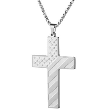 Imagem de Colar de cruz preta para homens, meninos, aço inoxidável, banhado a ouro 18 K, pingente de bandeira americana, versículo bíblico, cruz, colares de formatura 45,7-61 cm, 18 Inch, Aço inoxidável, Sem