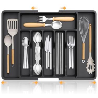 Imagem de Organizador de gaveta de cozinha expansível grande, bandeja organizadora de utensílios de prata, 55 x 38 cm, divisor de talheres para facas, colheres, garfos, suporte de talheres de plástico, preto,