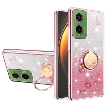 Imagem de MRRSIWEI Capa para Motorola Moto G35 para mulheres e meninas, capa à prova de choque com flores brilhantes e brilhantes com suporte de anel para Motorola Moto G35. Flores rosa