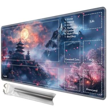 Imagem de JANENFNA Playmat 24" x 14" with Magic Zones for MTG Card Game Playing, Board Game Mat for Card Breaking Commander Deck Gaming Card Game Battles Mat with Storage Bags, Japanese Temple Cherry Blossom