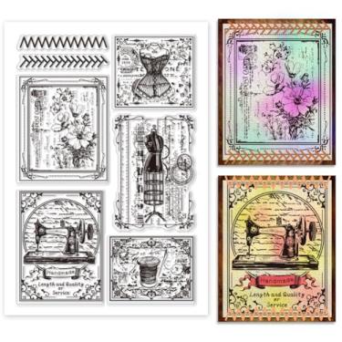 Imagem de PH PandaHall Carimbo de borracha para máquina de costura vintage, carimbo de silicone, flor, cartão postal transparente, para fazer cartões, álbum de fotos, 15 x 10 cm