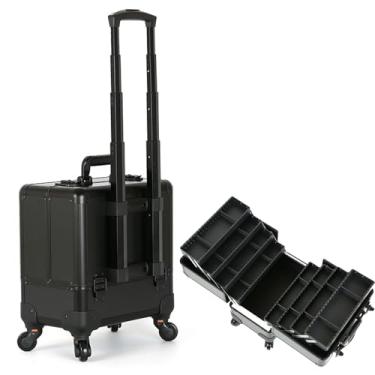 Imagem de Caixa de maquiagem com rodinhas, caixa de armazenamento de unhas com rodas, caixa de maquiagem com carrinho de alumínio, caixa de ferramentas multicamadas com 2 bandejas para salão de beleza móvel