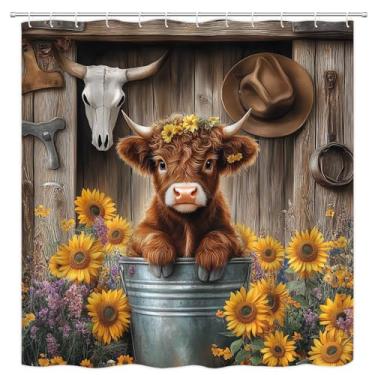 Imagem de PZMPZM Cortina de chuveiro Western Highland Cow Farmhouse Cute Cowboy Bezerro Porta de celeiro Girassol Engraçado Animal Rústico Casa de Banho Cortinas de Tecido Poliéster com Ganchos 177 cm L L x 180