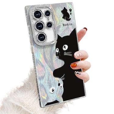 Imagem de Eiyikof Compatível com Samsung Galaxy S24 Ultra Estética Bonito Preto Branco Capa de Gato, Protetor de Lente Diamante Brilhante, Capa Holográfica com Glitter Laser para Samsung Galaxy S24 Ultra À