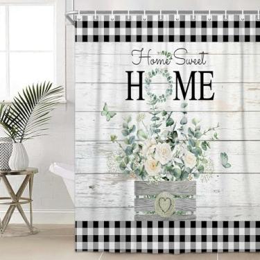 Imagem de Cortina de chuveiro rústica de casa de fazenda, cortina de banho de flor de borboleta de eucalipto verde para banheiro, conjunto de cortina de chuveiro xadrez xadrez de madeira búfalo preto e branco