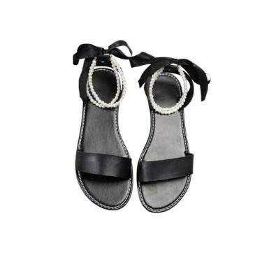 Imagem de GORGLITTER Sandálias femininas de amarrar com cadarço pérola bico aberto tira no tornozelo sandálias planas de couro, Preto, 39