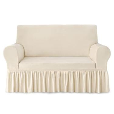 Imagem de NICEEC Capa de sofá de pelúcia grossa, 1 peça, quente, bege-amarela, capa de sofá para sofá elástica e fofa para sala de estar, ajuste fácil, lavável, macia, protetor de sofá com saia
