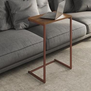 Imagem de Mesa Lateral Apoio de Sofá Charmme Ferro Cobre Tampo Imbuia 70cm Pés de Aço Industrial Decoração Para Casa
