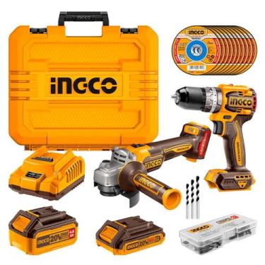 Imagem de Parafusadeira e Furadeira + Esmerilhadeira à Bateria 20V Ingco CKLI202