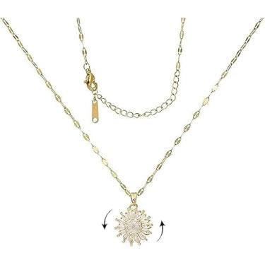 Imagem de Vurotry Colar de girassol dourado para mulheres, colar de girassol giratório, zircão cúbico, girassol, colar com pingente giratório desestressante, colar moderno, joias para a família, Large, Zinco,