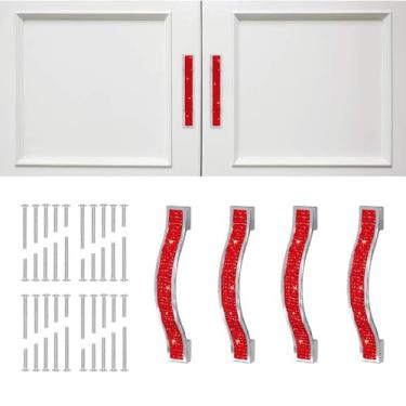 Imagem de MINGZAIQIPEI Puxadores de gaveta de diamante, 4 peças, puxador de cristal cintilante, armário, armário, armário, armário, porta, móveis, puxadores de hardware para casa, cozinha, banheiro (vermelho