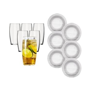 Imagem de Kit 6 Pratos Diamante Fundo Elegante + 6 Copos Vidro Oca 300ml - NADIR