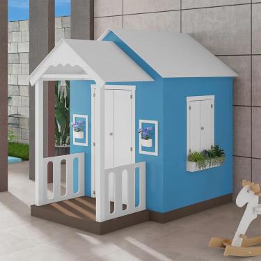 Imagem de Casinha de Brinquedo Artesanal com Varanda mdf Branco/Azul Rei - Criança Feliz