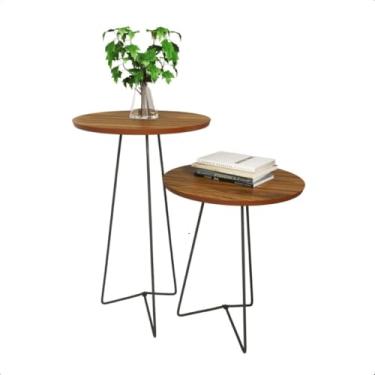 Imagem de Mesa Lateral Redonda Para Sala De Estar Com Pernas Pretas(Freijó)