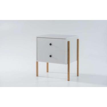 Imagem de Mesinha De Cabeceira Branca Mdf 2 Gavetas Brancas Nash Pés Madeira Tau