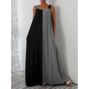 Imagem de Vestido Longo Feminino Colorblock Sem Mangas Com Decote Quadrado E Alç