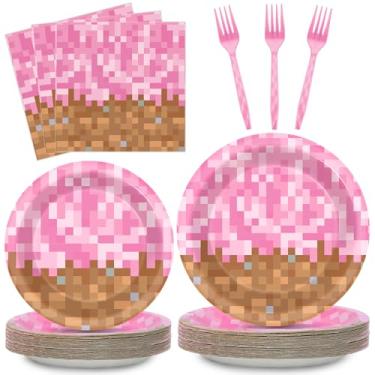 Imagem de Justforjoyful 96 peças de pratos e guardanapos de aniversário para meninas, decoração de festa de videogame, conjunto de utensílios de mesa descartáveis com tema rosa de pixel para chá de bebê