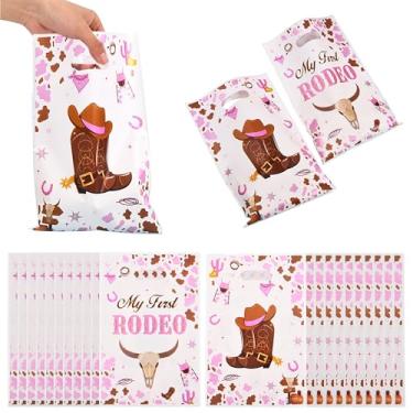 Imagem de Ysqool 50 peças de sacolas de presente de vaqueira com alça, My First Rodeo, sacolas de lembrancinhas de plástico para doces para decorações de festa temática ocidental de aniversário