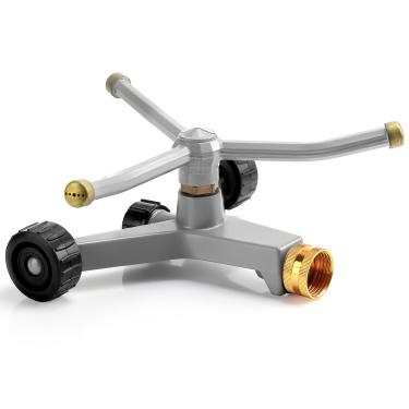 Imagem de Tiangrid 1 aspersor de água giratório de metal para gramado, 3 braços, giratório, automático, giratório, com base com rodas para gramado, quintal, quintal, pode ser acorrentado junto