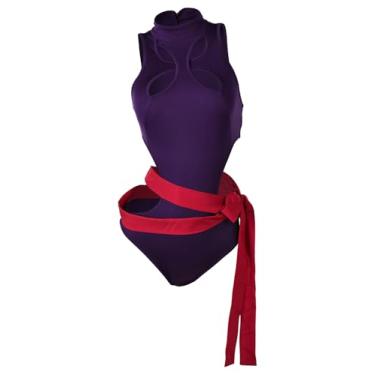 Imagem de Psylocke Cosplay maiô peça única fantasia de super-herói cômico traje de banho roupas de festa de carnaval de Halloween, Roxa, M
