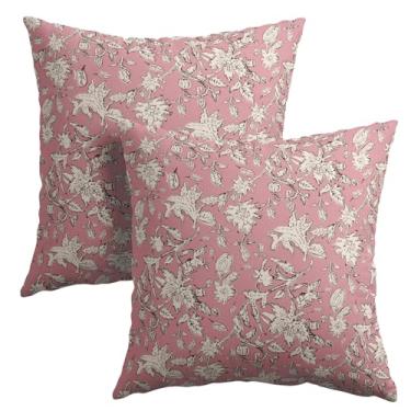 Imagem de Capas de almofada com estampa de blocos florais rosa 45,7 x 45,7 cm, conjunto de 2 capas de almofada vintage boho para decoração de casa de campo, primavera, outono, capa de almofada com detalhes